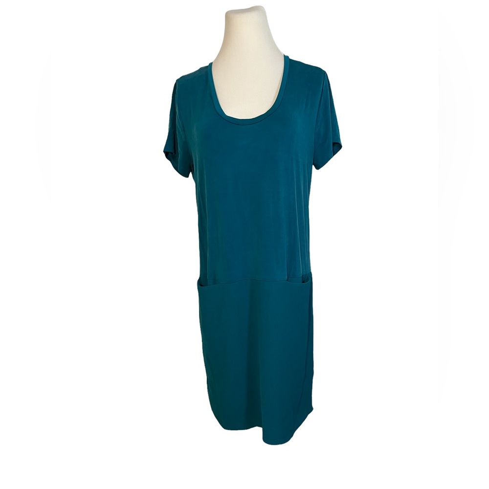 Dolan Left Coast Anthropologie 8 Cupro Poly Knit Green Teal Shift Dress Pockets